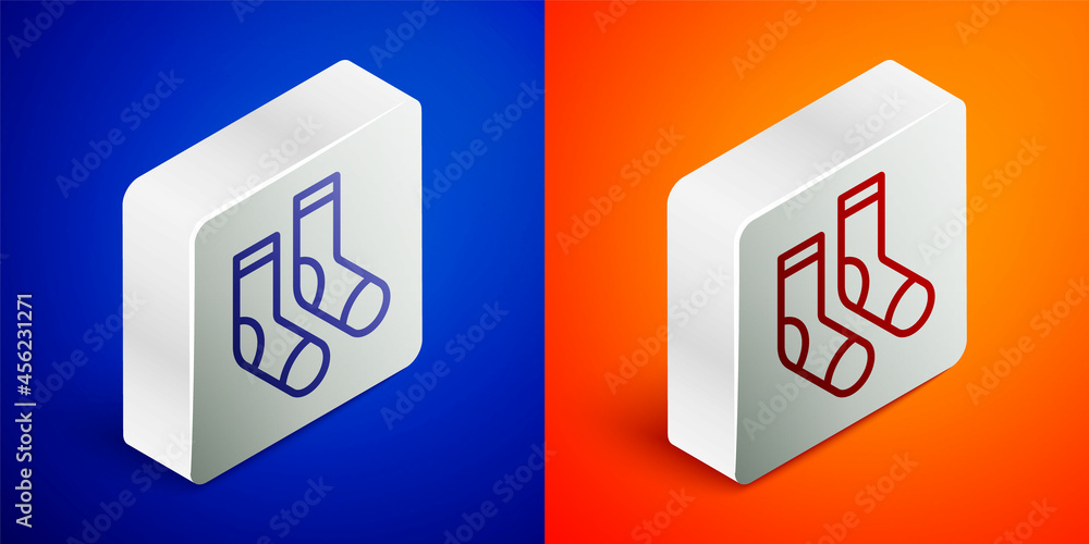 Isometric line Socks icon isolated on blue and orange background. Silver square button. Vector Isometric line Socks icon isolated on blue and orange background. Silver square button. Vector