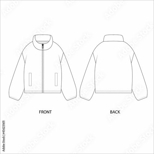 Short jacket with zipper technical drawing.  Warm jacket template. vector illustration of white jacket. 