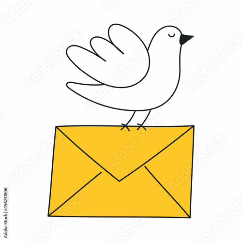 A cute funny bird carries an envelope. Messaging, sending letters, contact, or sharing information concept. Thin line vector illustration on white.