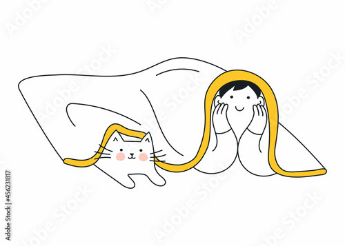 Cute person and cat lying on the floor and covered with a cozy blanket. Spending time together in the homemade tent. Thin line vector illustration on white.