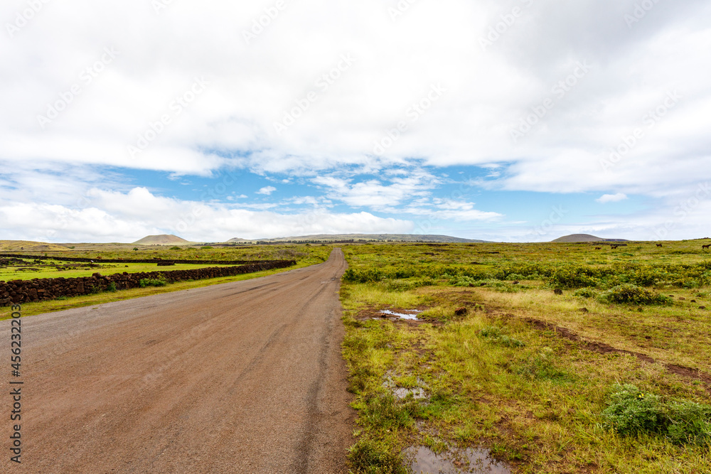 Easter Island (Rapa Nui or Isla de Pascua) landscape with meadows, Chile