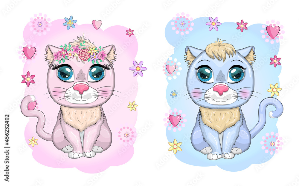 Cute cartoon blue and pink cat, kitten on a background of flowers among butterflies Cute cartoon blue and pink cat, kitten on a background of flowers among butterflies