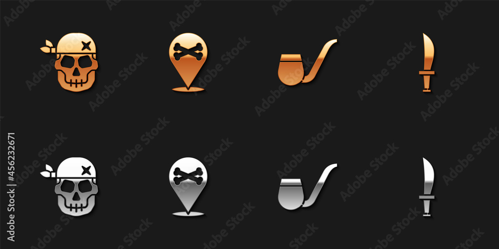 Set Skull, Location pirate, Smoking pipe and Pirate sword icon. Vector Set Skull, Location pirate, Smoking pipe and Pirate sword icon. Vector