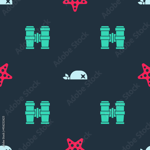 Set Starfish, Pirate bandana for head and Binoculars on seamless pattern. Vector