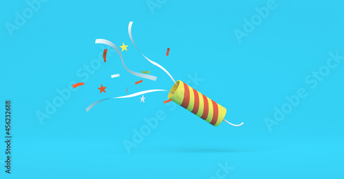 Exploding party popper with confetti and streamer isolated on background, Celebration Concept, 3D Rendering