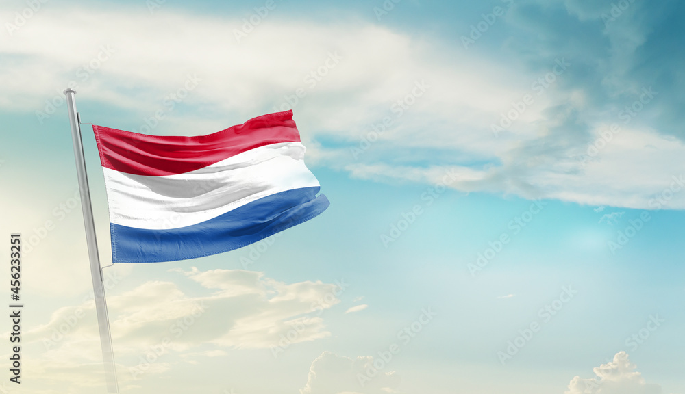 Netherlands national flag cloth fabric waving on the sky - Image