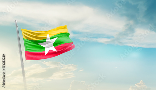 Myanmar national flag cloth fabric waving on the sky - Image photo