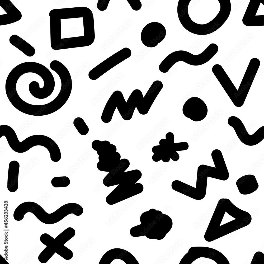 Seamless hand drawn pattern in Memphis style. Fashion geometric background