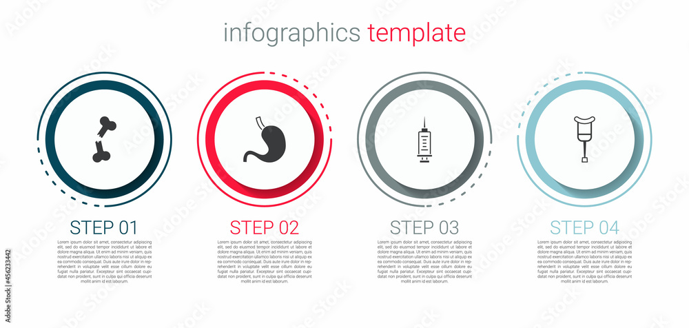 Set Human broken bone, stomach, Syringe and Crutch or crutches. Business infographic template. Vector Set Human broken bone, stomach, Syringe and Crutch or crutches. Business infographic template. Vector