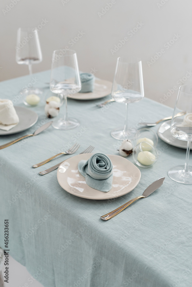 Concept of wedding decoration with linen napkins, selective focus image