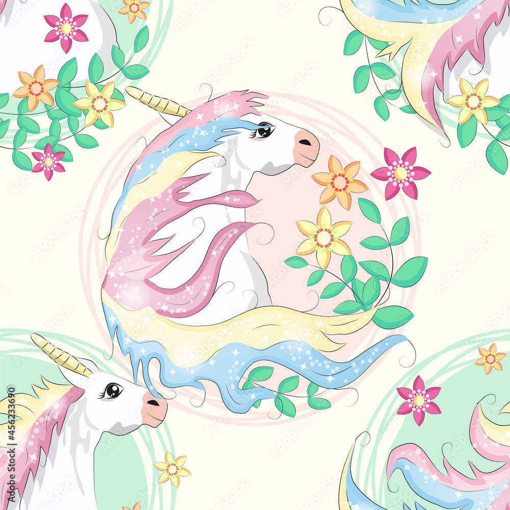 pattern with cute unicorns, clouds,rainbow and stars. Magic background with little unicorns pattern with cute unicorns, clouds,rainbow and stars. Magic background with little unicorns