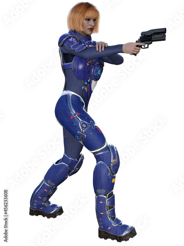 futuristic soldier in a blue uniform with gun, 3d illustration