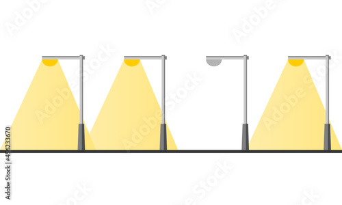 Electric streetlight bulb poles illuminated yellow light with broken worn-out streetlight pole power outage on white background flat vector icon.