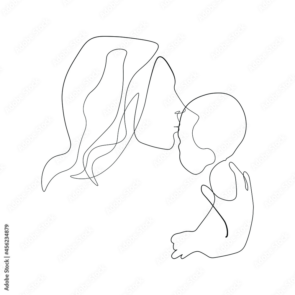 Continuous line mother holding child international mother's day simple line illustration