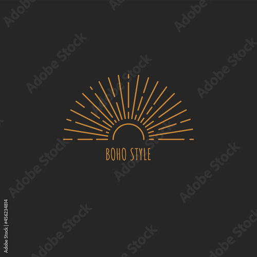 Sun with rays logo in boho style. Bohemian sunburst abstract geometric icon