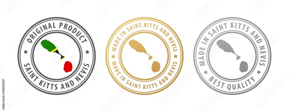 Naklejka premium Made in Saint Kitts and Nevis- set of stamps with map and flag. Best quality. Original product.