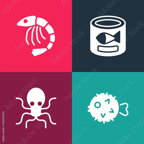 Set pop art Fish hedgehog, Octopus, Canned fish and Shrimp icon. Vector