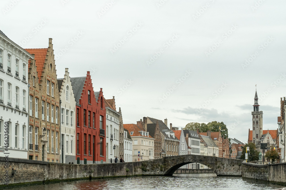 Brussels, Belgium. September 29, 2019: Bruges canals landscape and house architecture.