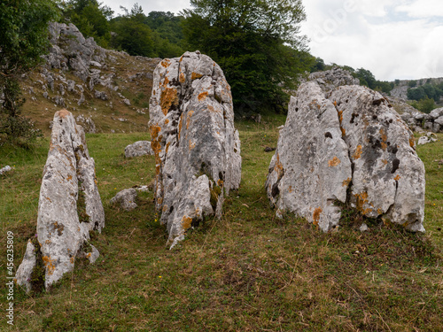 Εκτύπωση καμβά Closeup of megalith at a grassy field with trees in the background