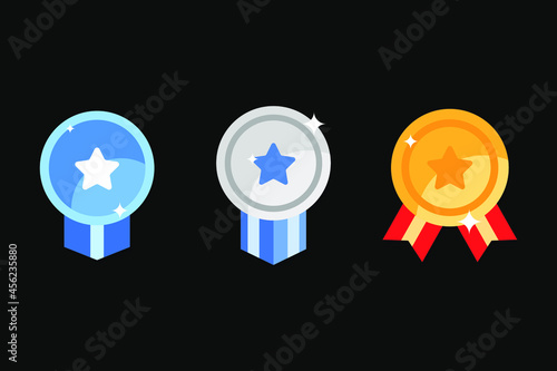 Set of Game rating icons with medals. Blue, Silver, Yellow Vector Illustration, Award vector illustration. Vector round assets for game design. Vector round assets for game design. photo
