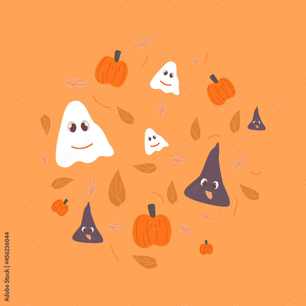 Halloween wallpaper. Holiday in October concept. Pumpkins, hat, ghost, leaves design on orange background. Vector illustration.
