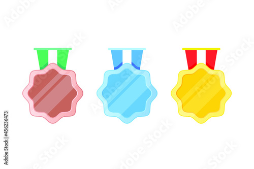 Achievement Badges in Bronze, Blue and Yellow. Winner icons. Medal icons. Game rating icons with medals. A lev results vector icon design for game. Level up Award winner cartoon isolated vector medal.