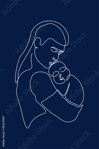 Continuous line mother holding child international mother's day simple line illustration