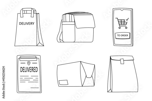 Line art design element delivery collection. Set six elements