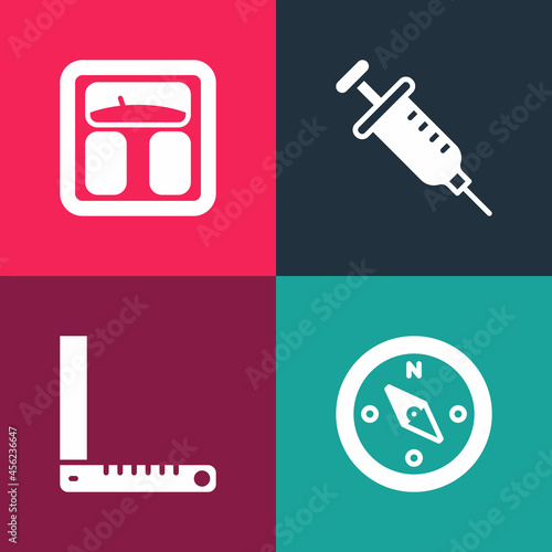 Set pop art Compass, Corner ruler, Syringe and Bathroom scales icon. Vector