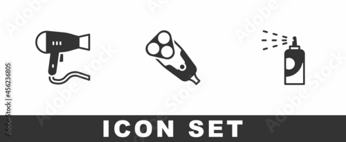 Set Hair dryer, Electric razor blade and Spray can for hairspray icon. Vector