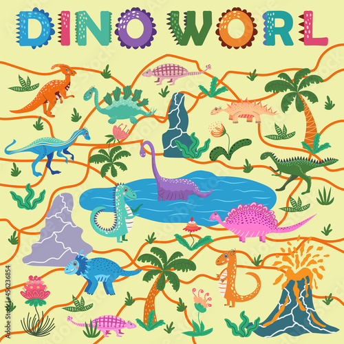 Dinosaurs world poster. cartoon dinosaurs t-rex, tyrannosaurus, pterosaur, pterodactyl, triceratops, brontosaurus