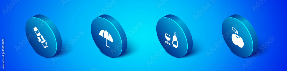 Set Isometric Winter scarf, Wine bottle with glass, Apple and Umbrella icon. Vector Set Isometric Winter scarf, Wine bottle with glass, Apple and Umbrella icon. Vector