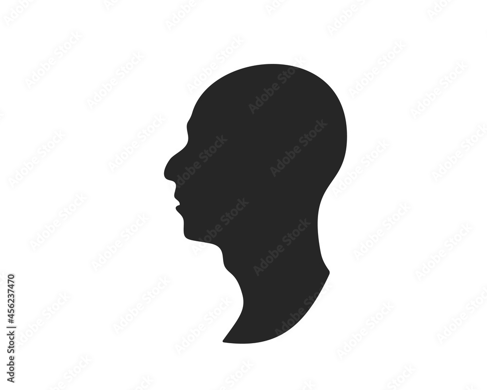 Male head silhouette in profile with humped nose and Adam's apple on neck, Vector graphics minimalist illustration black portrait on white background