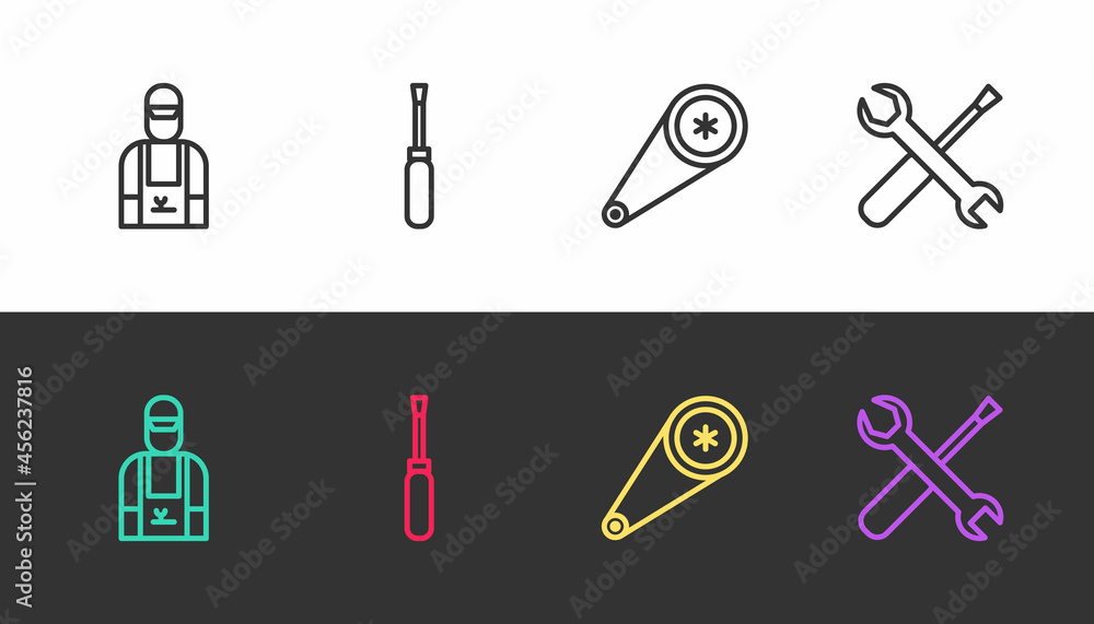 Set line Car mechanic, Screwdriver, Timing belt kit and and wrench spanner on black and white. Vector Set line Car mechanic, Screwdriver, Timing belt kit and and wrench spanner on black and white. Vector