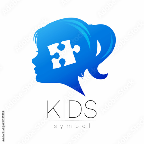 Modern Vector logotype Girl head with Puzzle inside brain in Blue Color . Logo sign of Psychology. Profile Human. Creative style. Symbol in vector. Design concept.