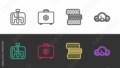 Set line Gear shifter, Toolbox, Car tire wheel and Speedometer on black and white. Vector
