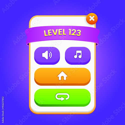 Vector PopUp Banner for a Casual Game. Level PopUp for Casual Game, Goals ad Buttons Game UI kit. Set of user interface GUI to build 2D games. Can be used in mobile or web or video games. Game Popup.