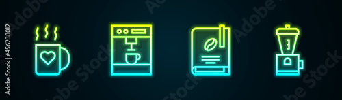Set line Coffee cup and heart, machine, book and Electric coffee grinder. Glowing neon icon. Vector