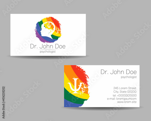 Psychology Vector Business Visit Card with Letter Psi Psy and Human Head in Profile. Modern logo Creative Colorful Rainbow style. Child Silhouette Design concept for Branding Identity