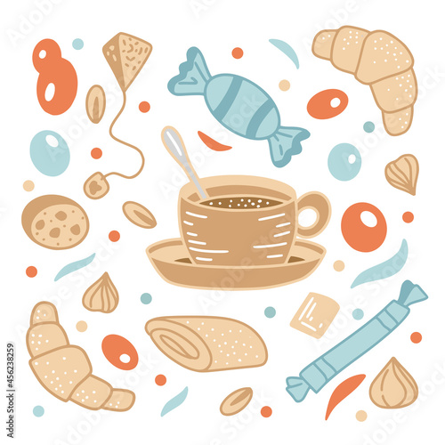 Espresso set in hand drawn style, tea, coffee, macchiato in different shapes and forms in autumn colors isolated on white background. Vector illustration.