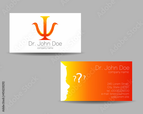 Psychology Vector Business Visit Card with Letter Psi Psy Modern logo Creative style in Orange Color. Human Head Profile Silhouette Design concept. Brand company Set