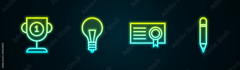 Set line Award cup, Light bulb with concept of idea, Certificate template and Pencil eraser. Glowing neon icon. Vector Set line Award cup, Light bulb with concept of idea, Certificate template and Pencil eraser. Glowing neon icon. Vector