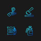 Set line Garden sprayer for fertilizer, Corn in the sack, Hand holding flower and Wooden axe. Gradient color icons. Vector