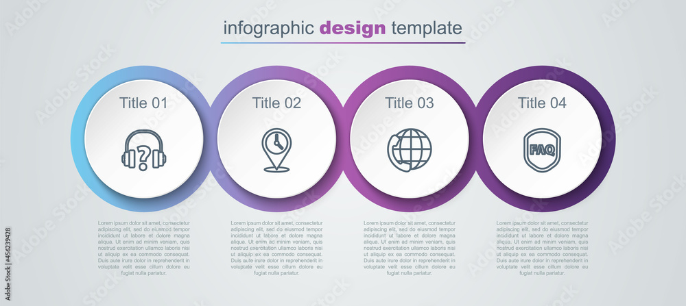 Set line Headphones, Location with clock, Telephone 24 hours support and Shield text FAQ. Business infographic template. Vector