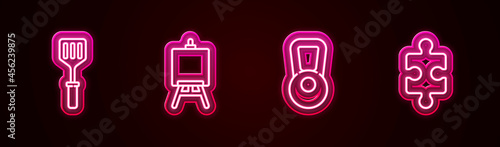 Set line Spatula, Easel or painting art boards, Kettlebell and Piece of puzzle. Glowing neon icon. Vector