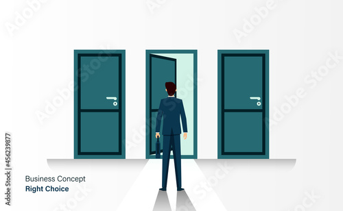 Businessman stand in front of 3 doors, right choice concept