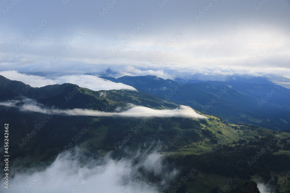 Stripes of fog and green farmland seen from Brienzer Rothorn. Stripes of fog and green farmland seen from Brienzer Rothorn.