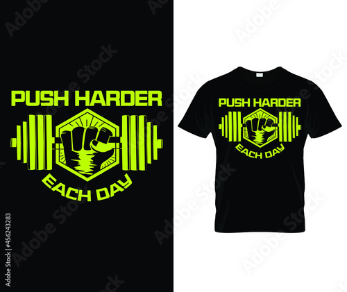 Gym fitness motivational quotes t shirt design - push harder each day - Vector with dumbbells black background and red colors
