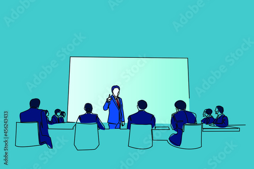 continuous line drawing of a business presentation during a team meeting, working concept vector illustration.