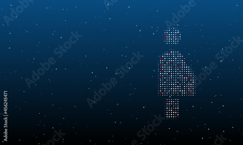 On the right is the pregnant woman symbol filled with white dots. Background pattern from dots and circles of different shades. Vector illustration on blue background with stars